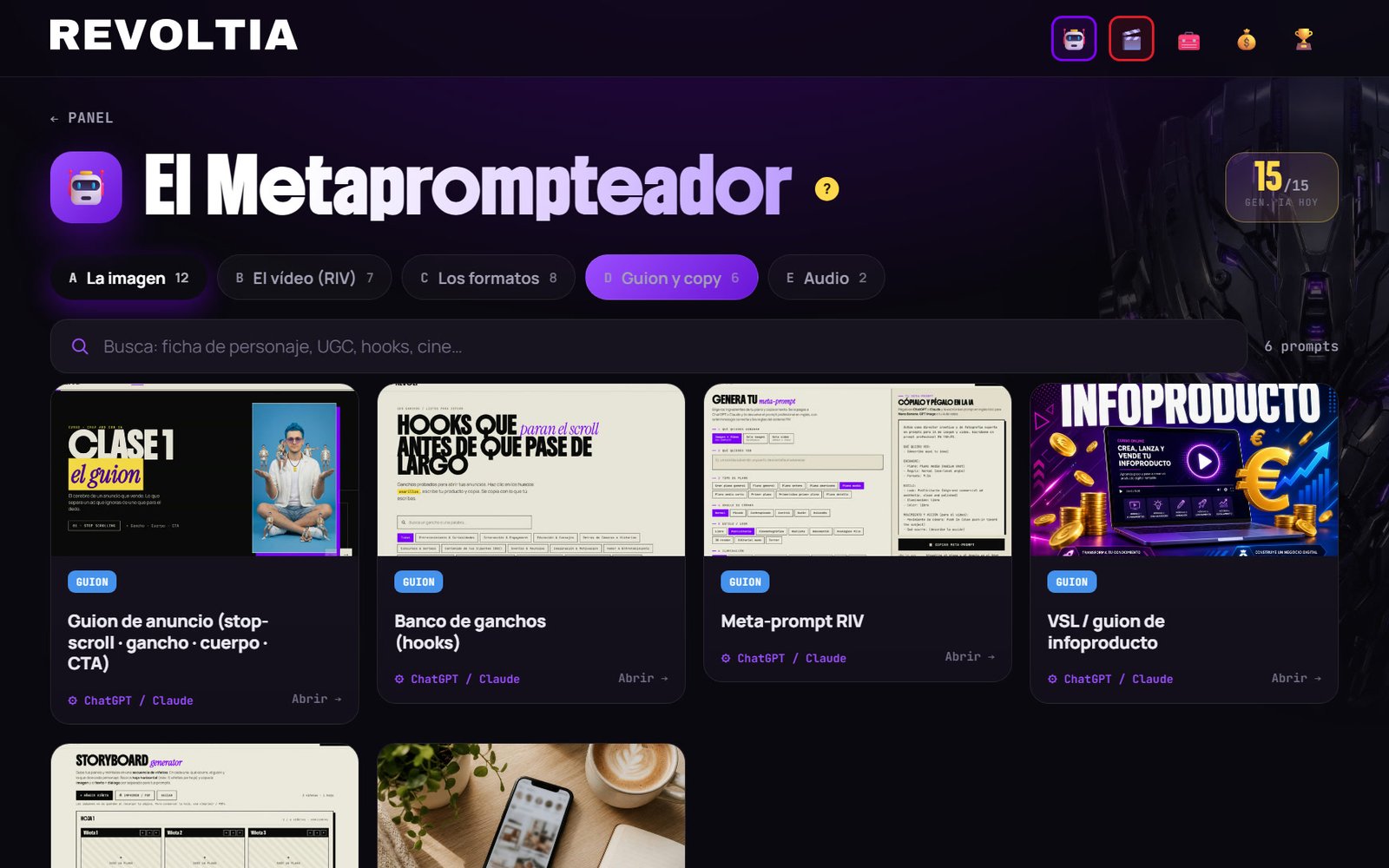 El Metaprompteador de Revoltia, pestaña Guion y copy
