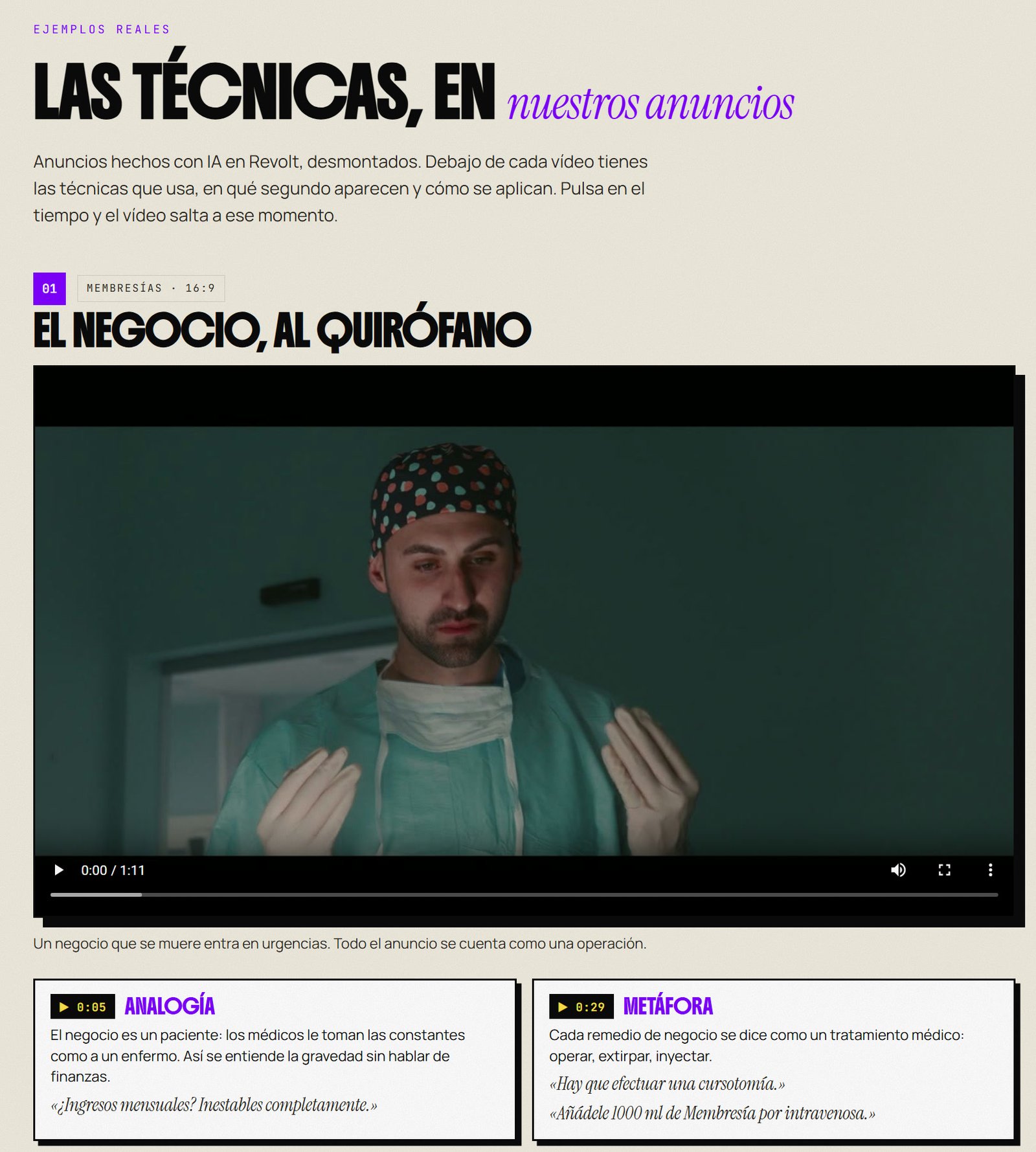 Catálogo de técnicas: nuestros anuncios desmontados, con el vídeo arriba y las técnicas debajo